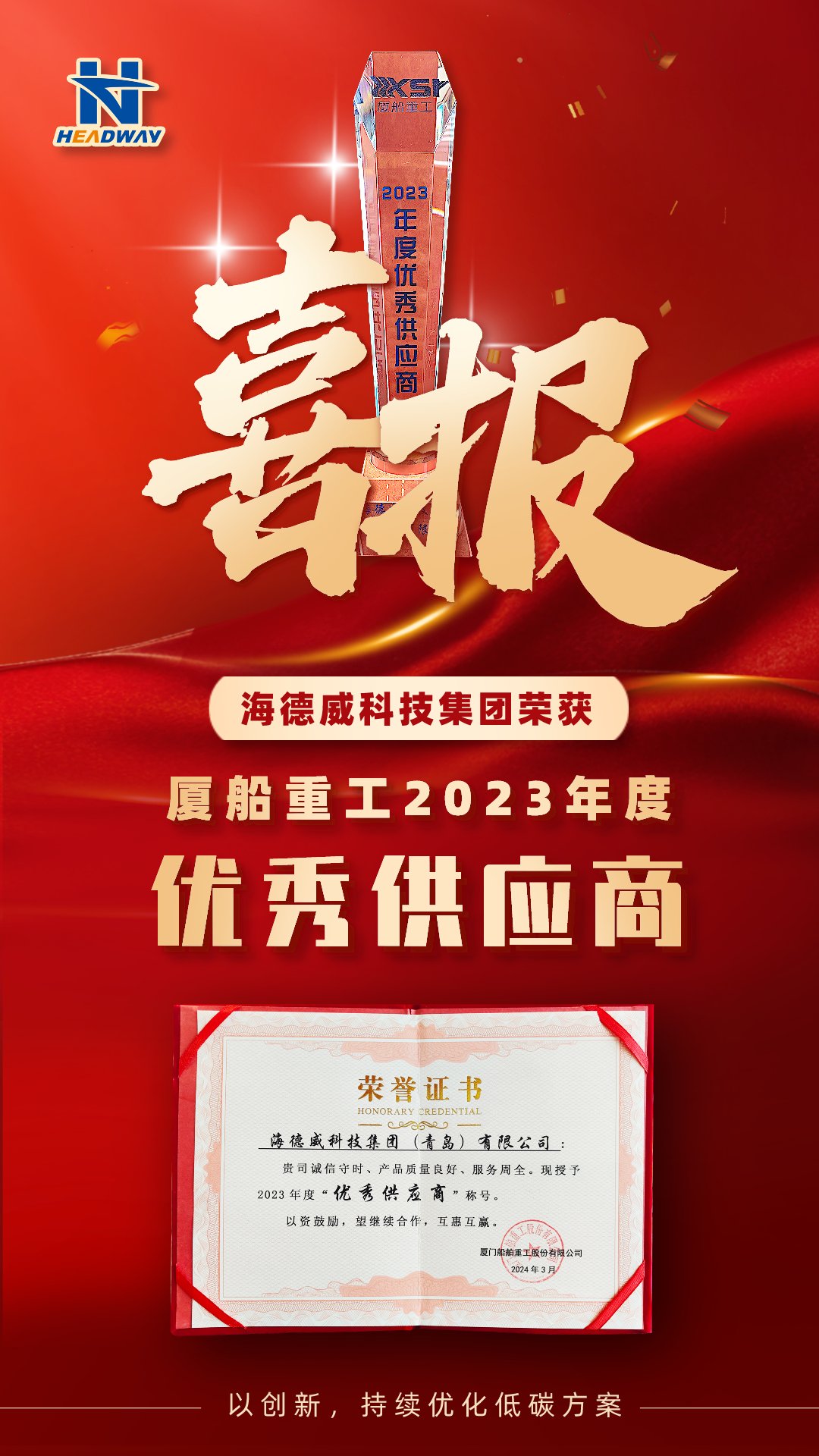 海德威被廈船重工授予年度「優(yōu)秀供應商」